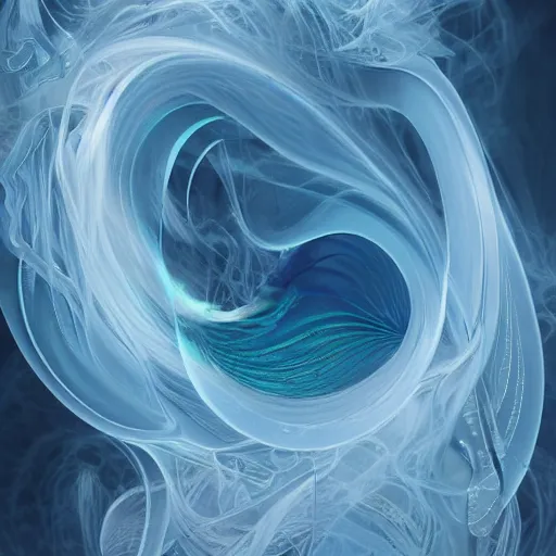 Image similar to A beautiful form made of pale blue smoke in the style of Aldo Katayanagi + Fractal Smoke + Centered + Iridescent smoky Elements + Moody Lighting + Cinematic Lighting + Deep Shadows + Hyper Realistic + Hyper Maximalist + Maximalist Composition + Intricate tendrils + Trending on Artstation + Hall of Fame on Cgsociety + 8K portrait + fluid dynamics