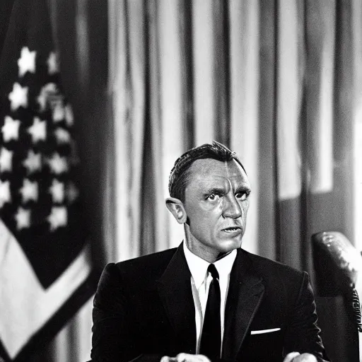 Prompt: television broadcast of President James Bond giving a press conference