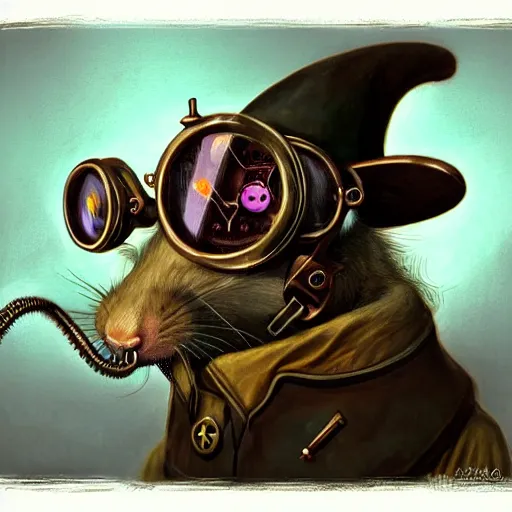 Prompt: a rat with steampunk googles, by john howe