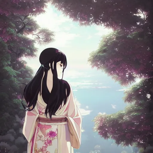 Prompt: advanced digital anime art, matte painting , woman with silver eyes wearing a kimono cutting her long black hair with a katana looking into the reflection of a glass window, painted by RossDraws in the style of Makoto Shinkai —W 1920 —H 1080