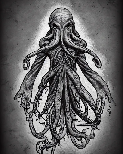 Image similar to cthulhu cultist in straitjacket!! black ink on paper, trending on artstation, beautiful, intricate, detailed