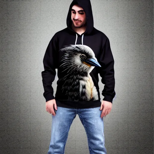 Image similar to humanoid furry anthro avian fursona, bird, bird, avian, avian, corvid, beak, kenku, anthro, furry digital art. Hoodie and jeans