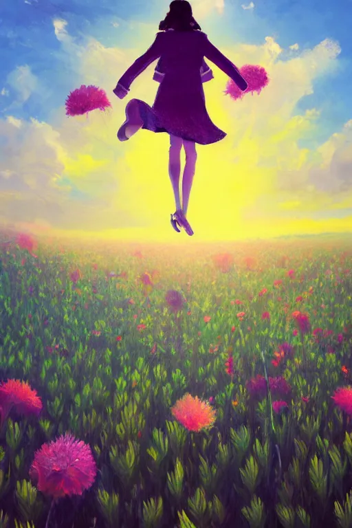 Image similar to closeup, giant flower head, girl in suit jumping in field of flowers, surreal photography, sunrise, blue sky, dramatic light, impressionist painting, digital painting, artstation, simon stalenhag