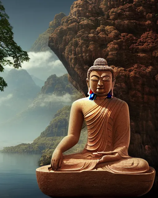 Prompt: beautiful matte painting of a buddha statue centered in view and symmetric by yoshitaka amano trending on artstation and cgsociety, zen feeling, calm, peaceful, clear, water, dynamic lighting, cinematic, epic looking, octane renderer