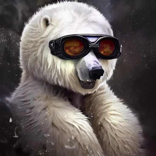 Image similar to white furry polar bear, steampunk googles, highly detailed, unreal engine 5, cinematic, 8 k, by megan duncanson, benjamin lacombe, adrian borda, stanley artgermm, tom bagshaw, craig mullins, carne griffiths, ayami kojima, beksinski, giger, trending on deviantart, hyper detailed, horror, full of colour