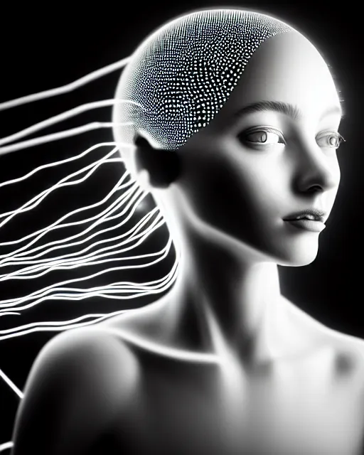 Image similar to black and white dreamy spiritual connected young female cyborg - plant goddess high quality photo, microchip, artificial intelligence, bio - mechanical bio - luminescence, black wired cables, neurons, nerve cells, cinematic, rim light, photo - realistic, elegant, high detail, 8 k, masterpiece, high fashion