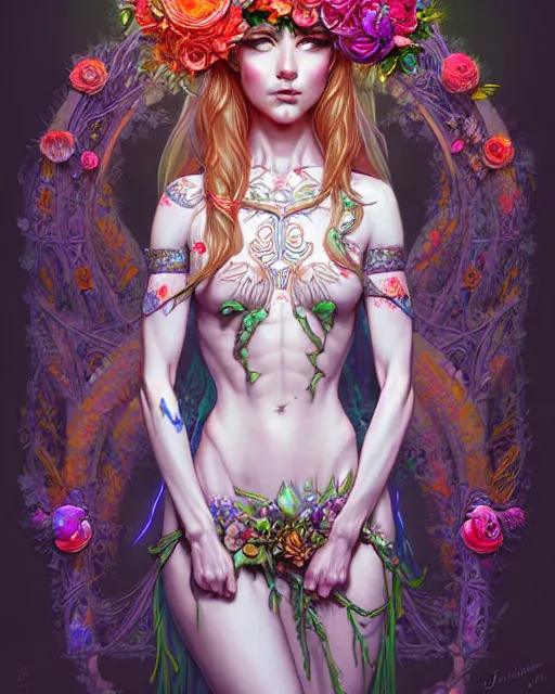 Image similar to digital art, centered full body elven bride with short hair, vivid flower crown ,intricate, veins, by James Jean and by artgerm, by ross tran , ultradetailed, charachter design, concept art, trending on artstation,