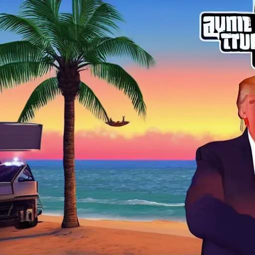 Image similar to Donald Trump in the style of GTA v, Miami beach, GTA v video game art, sunset aesthetic