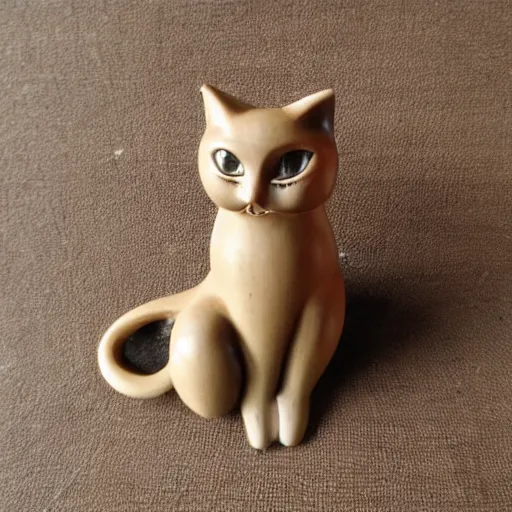 Prompt: elegant seductive anthropomorphic cat figurine wearing a kimono, hand carved brown resin, submissive, toggles, very highly detailed, intricate, monotone, shy looking down