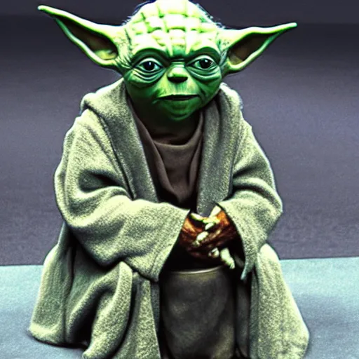 Image similar to yoda sitting on toilet