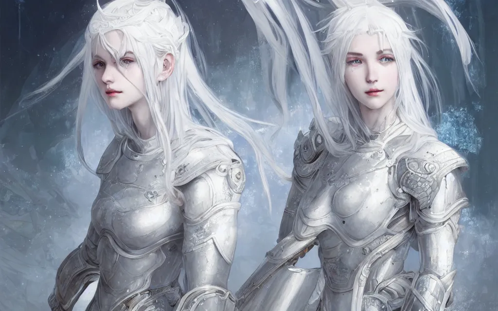 Image similar to portrait white hair knights of zodiac girl, matt white ice color armor, in ruined agora of athens, ssci - fi and fantasy, intricate and very very beautiful and elegant, highly detailed, digital painting, artstation, concept art, frostbite engine, smooth and sharp focus, illustration, art by tian zi and wlop and alphonse mucha