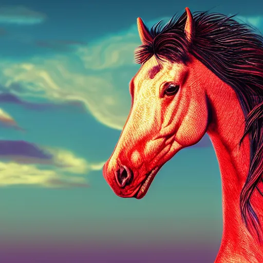 Prompt: digital horse, retrowave palette, highly detailed, anatomically correct equine, synth feel, smooth face, ear floof, side parted flowing mane, no reins, super realism, accurate animal imagery, 4 k digital art