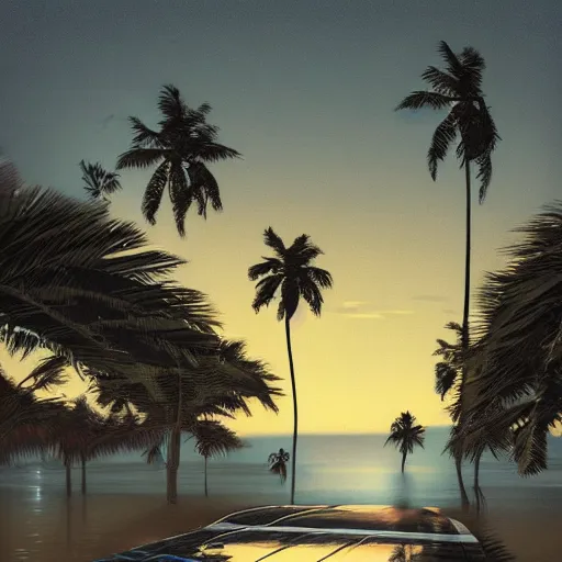 Prompt: dimly lit wavy road at night after rain that leads to a small cozy beach surrounded by palm trees, shot from sky, desaturated, photorealistic, beautiful, sharp, highly detailed, artstation, pixvy, syd mead, scott robertson