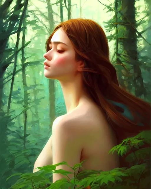 Image similar to stylized portrait of an artistic pose, composition, young forest nymph surrounded by nature, realistic shaded, fine details, realistic shaded lighting poster by ilya kuvshinov, magali villeneuve, artgerm, jeremy lipkin and michael garmash and rob rey