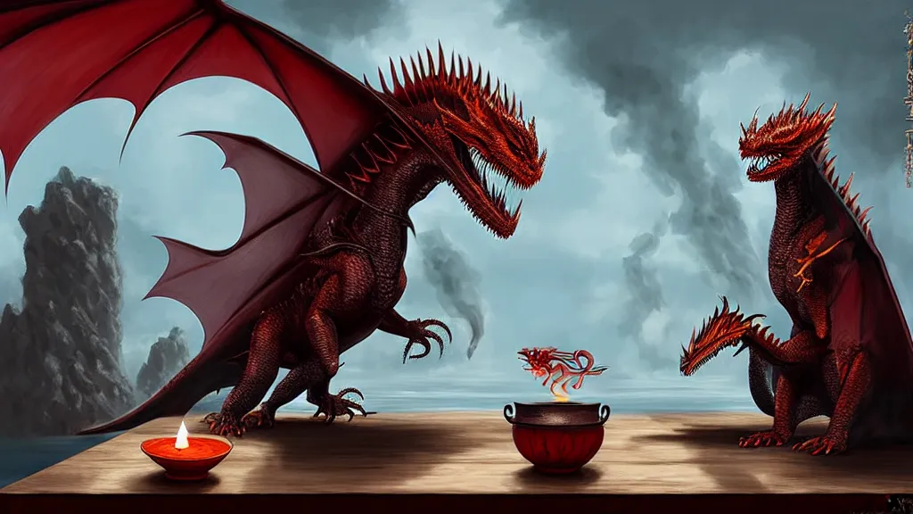 Prompt: Tea ceremony between Wyatt Earp and Drogon the dragon, fantasy concept art by Mark Winters