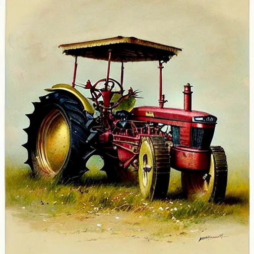 Image similar to ( ( ( ( ( royal farm tractor, fully ornated with intricate gold and jewels. muted colors. ) ) ) ) ) high resolution, high quality, by jean - baptiste monge!!!!!!!!!!!!!!!!!!!!!!!!!!!