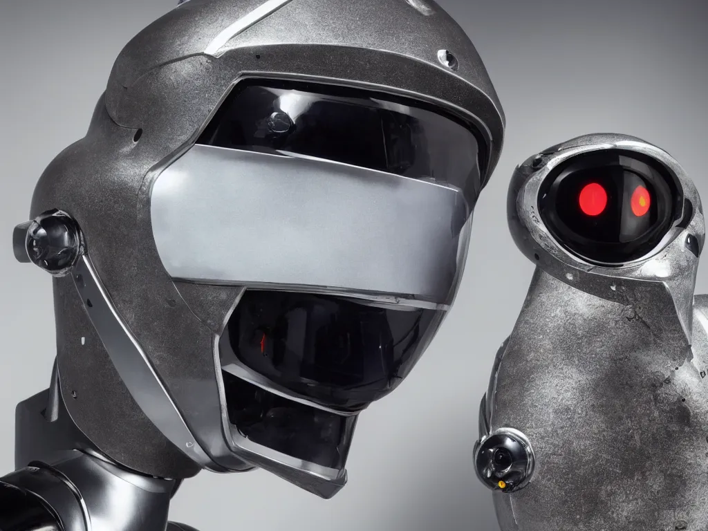 Image similar to Robot with a curved visor-like screen as a face, with a furry, but armour-plated body.