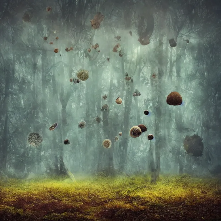 Image similar to a planet of various fungus, mushrooms and plants, inside the picture is infinity, Atmospheric phenomenon, artistic photography, muted colors, conceptual, long exposure outside the city, volumetric light