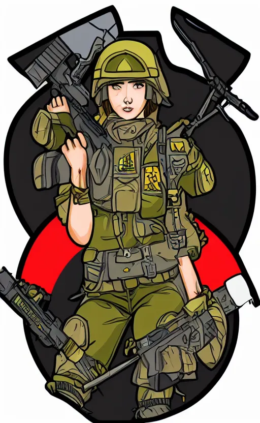 Prompt: patch design, soldier girl, by shibafu, illustration, artstation, insignia, soldier clothing, military gear, vector line art