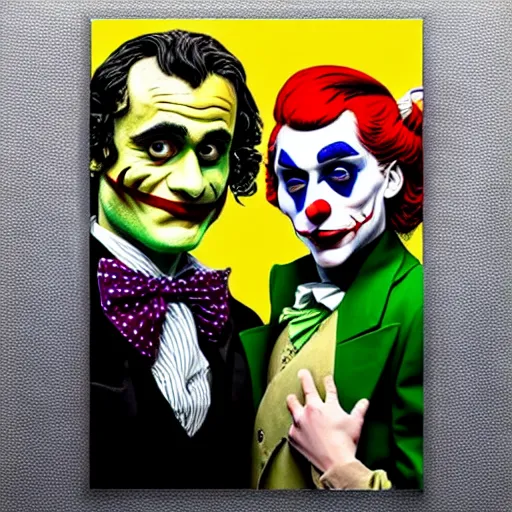 Image similar to ilya yefimovich repin and mimmo rottela and banksy as joaquin phoenix skinny joker, holding lady gaga harley queen hand, ultra photorealistic, intricate details, pop art style, concept art, confident posse, justify content center, 2 colours, warm color, 4 k, 4 d, ultra smooth, sharp focus,