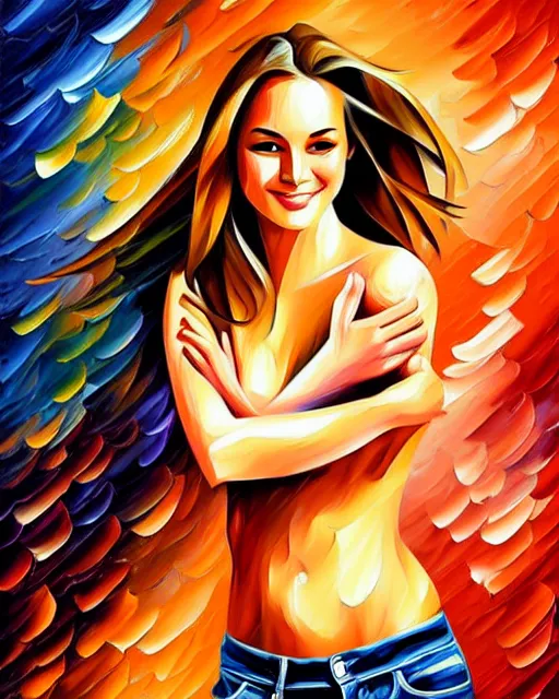 Image similar to girl artwork by leonid afremov, golden hour, illustration, highly detailed, simple, smooth and clean vector curves, no jagged lines, vector art, smooth, artstation