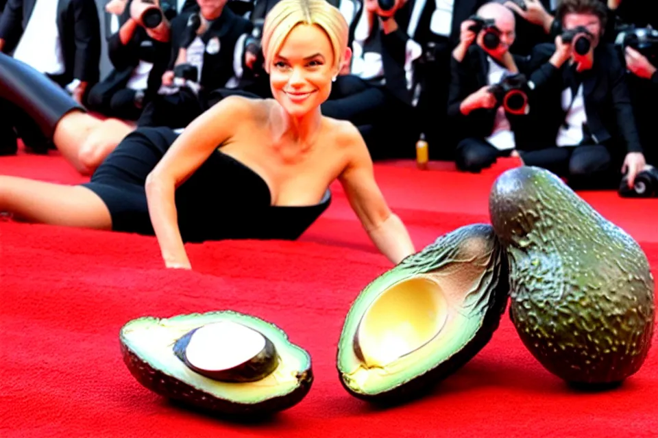 Image similar to bizarre celebrities on the red carpet rolling around in avocados