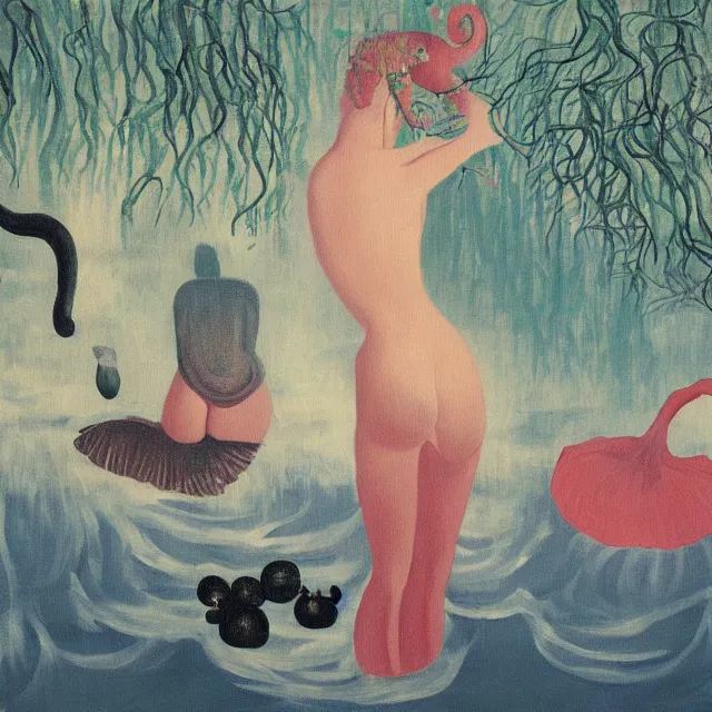 Image similar to painting of flood waters inside an apartment, sensual female emo art student, a river flooding indoors, pomegranates, pigs, ikebana, water, octopus, river, rapids, waterfall, black swans, canoe, berries, acrylic on canvas, surrealist, by magritte and monet