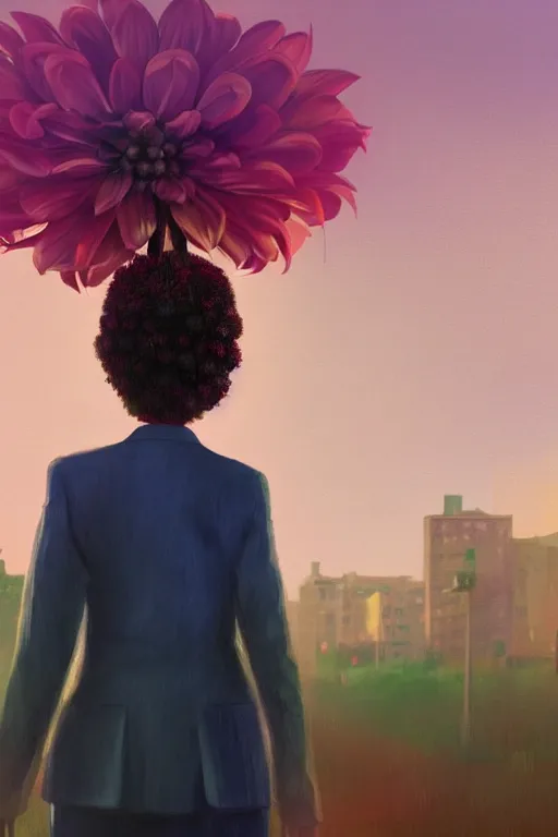 Image similar to closeup giant dahlia flower head, frontal, girl in a suit, standing in street, surreal photography, sunrise, dramatic light, impressionist painting, digital painting, artstation, simon stalenhag