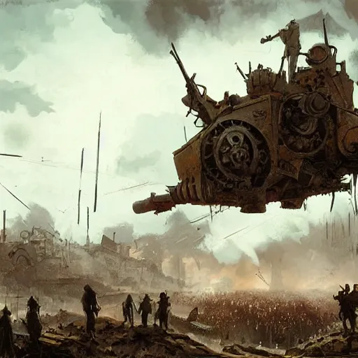 Prompt: jakob rozalski artstyle, steam punk war scene