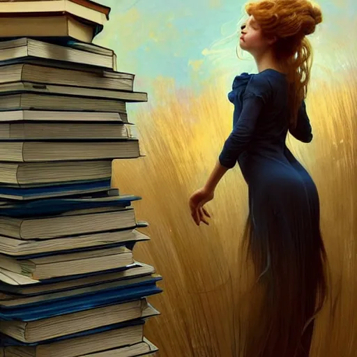 Prompt: A girl in a blue dress standing over a pile of books with golden locks down her back and a black cat at her feet, face, fantasy, intricate, elegant, highly detailed, digital painting, artstation, concept art, smooth, sharp focus, illustration, art by Krenz Cushart and Artem Demura and alphonse mucha