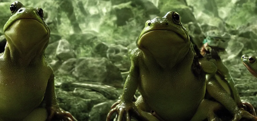 Image similar to movie scene from lord of the rings with frogs, cinematic still, action shot, 8 k hdr