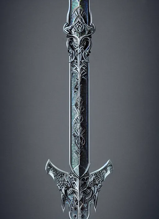 Image similar to legendary sword of technology, intricate black and iridescent blade, ornate gothic baroque spikes, glowing handle, detailed realistic, ray tracing, colored gems, artstation, deviantart