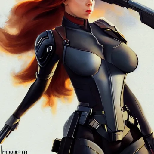 Prompt: greg manchess portrait painting of light armored natasha romanova aka black widow as overwatch character, medium shot, asymmetrical, profile picture, organic painting, sunny day, matte painting, bold shapes, hard edges, street art, trending on artstation, by huang guangjian and gil elvgren and sachin teng