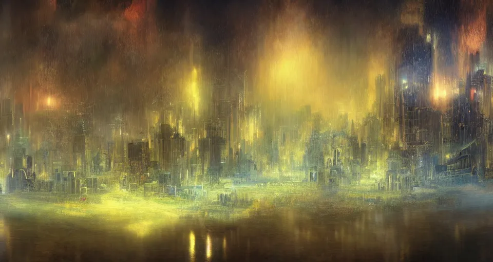 Image similar to Mech robot city. By Joseph Mallord William Turner, fractal flame, highly detailded