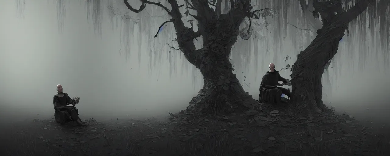 Image similar to duotone noir illustration close up of bald merchant demon sitting below willow tree in medieval brown tunic. foggy evening. dark dream atmosphere with volumetric hellish lighting, by sachin teng and sergey kolesov and ruan jia and heng z. graffiti art, scifi, fantasy, hyper detailed. octane render. concept art. trending on artstation