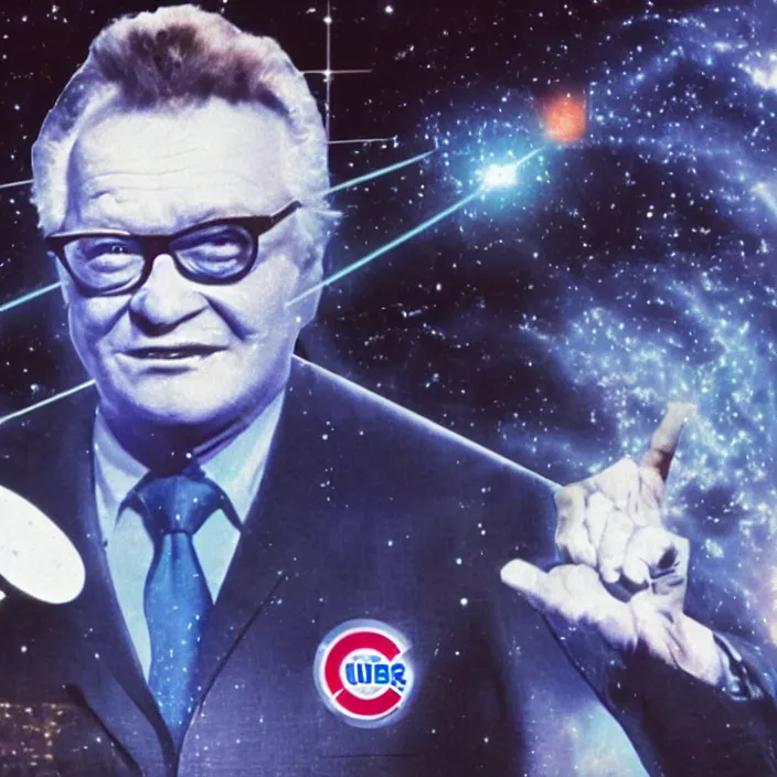 Image similar to a sci - fi hologram of chicago cubs announcer harry caray in space, universe, lasers, galaxy, cyberpunk