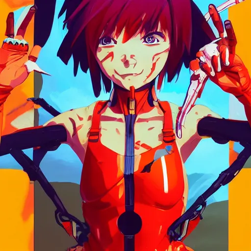 Image similar to asuka close - up, evangelion, gta 5 cover art, smiling borderlands style, cellshading, trending on artstation, by rhads, andreas rocha, rossdraws, makoto shinkai, laurie greasley, lois van baarle, ilya kuvshinov and greg rutkowski