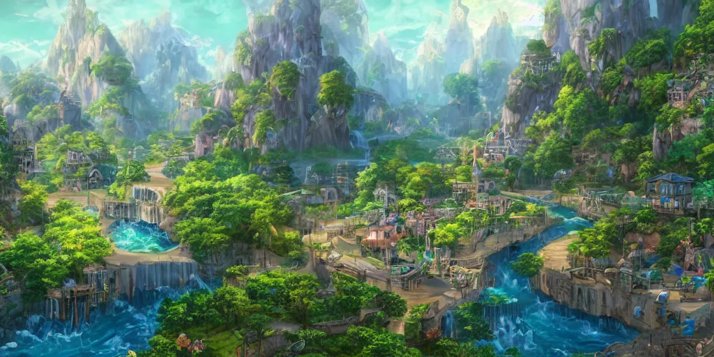 Image similar to beautiful and immersive magical town, magical buildings, bioluminescent forest surrounding, gentle rivers flowing through town, visual novel key visual, award - winning digital art on pixiv, trending on artstation - highly detailed, hyperrealistic, unreal engine 5, in the style of kingdom hearts