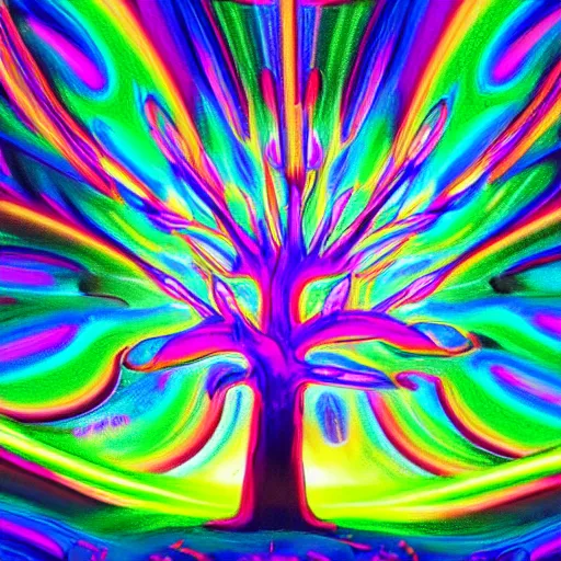 Prompt: neon psychedelic giant tree of souls, surrounded by enchanted glowing multicolored swirling magic, 8k resolution digital blacklight painting, cinematic lighting, by gilbert williams, artstation trending