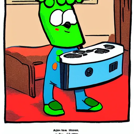 Image similar to new yorker cartoon of the fruit of the loom apple costume mascot man playing video games