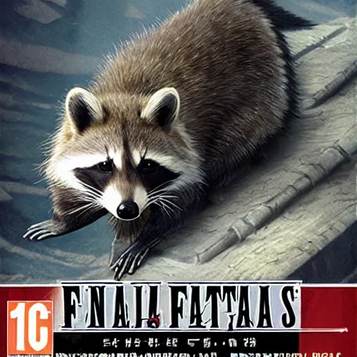 Image similar to final fantasy box art depicting a raccoon