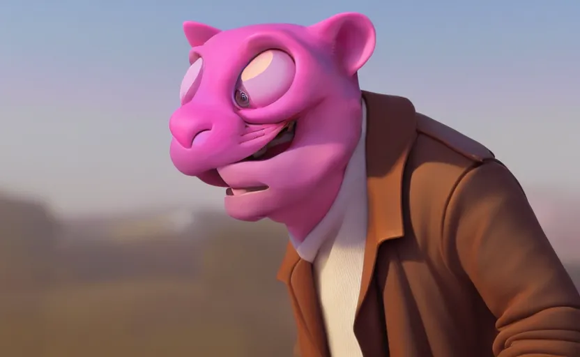 Image similar to a slimy pink ocelot that looks like an investigator, wearing a long beige trench coat, in the style of Pixar, CGI, octane render, trending on artstation, 8K