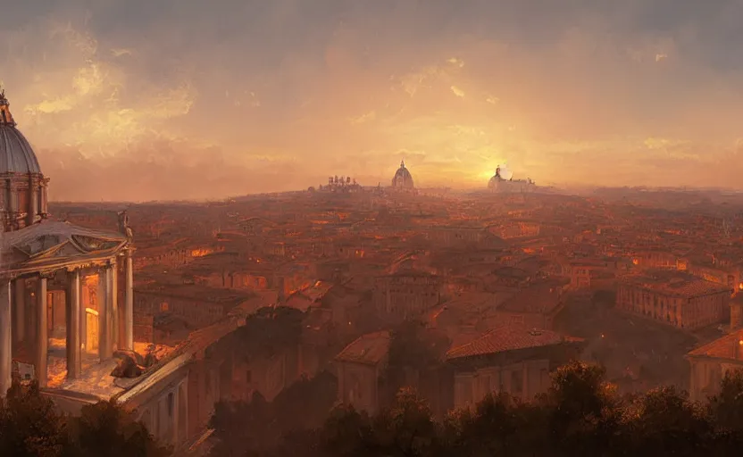 Image similar to painting of skyline of rome at sunset, natural light, concept art, by greg rutkowski, cozy atmospheric and cinematic lighting