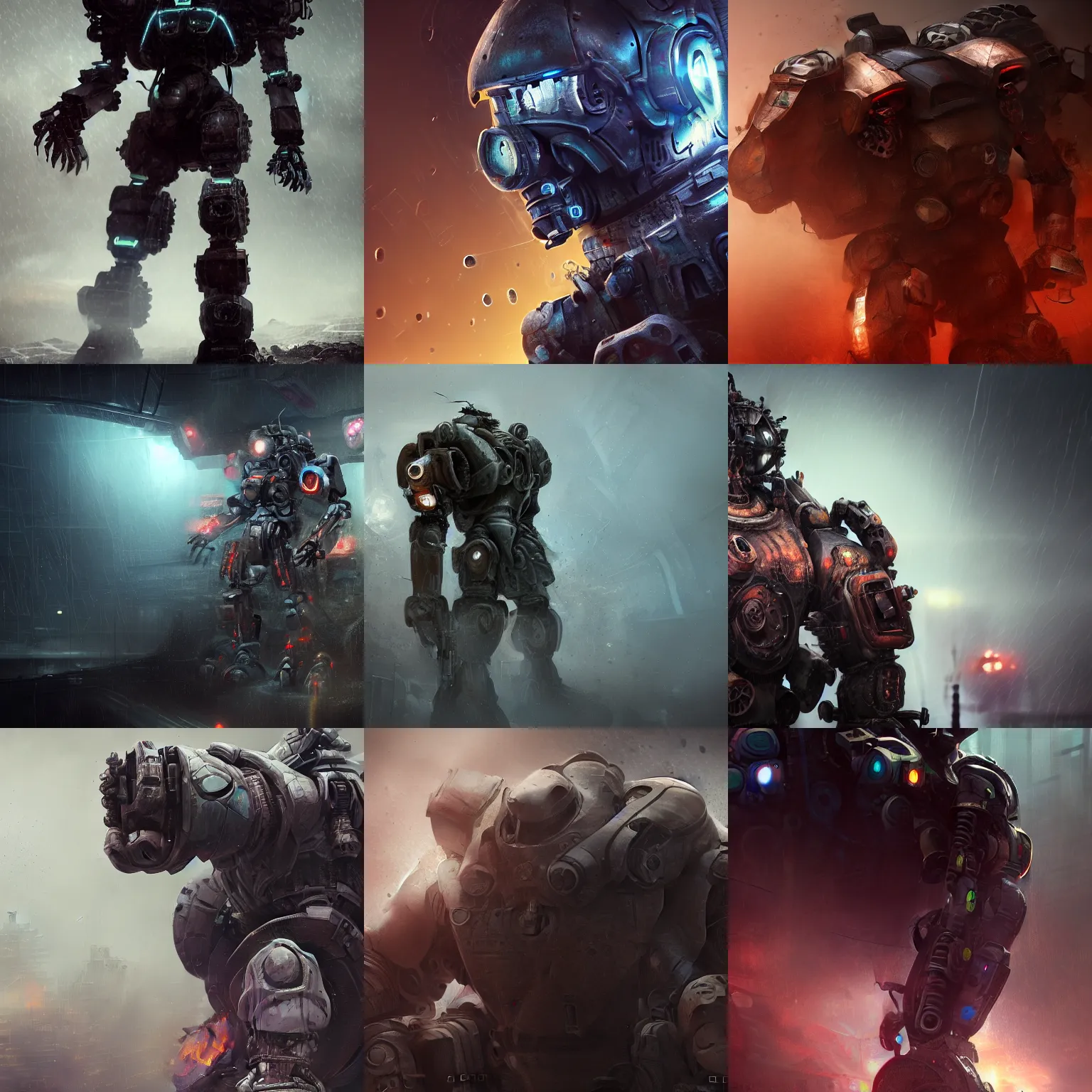 Prompt: old used mech warrior bot character. strong personality, tired, beaten. unreal engine, octane, 8 k game wallpaper, futuristic scene. closeup, depth of field. smoke and rain. metallic mech body parts cracked and damaged. background smudgy, unclear. unbelievable image! intricate mech suite details. digital colorful painting. dramatic lighting. neo noir influence.