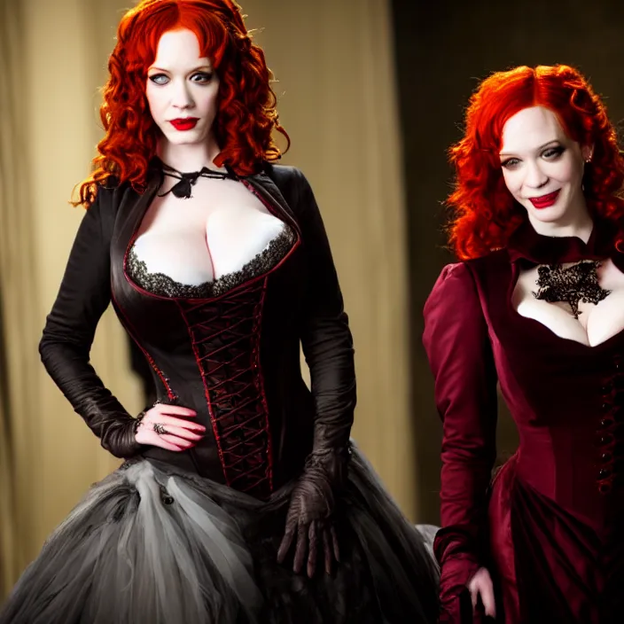 Prompt: professional full length photograph of christina hendricks as a vampire queen. Extremely detailed. 8k