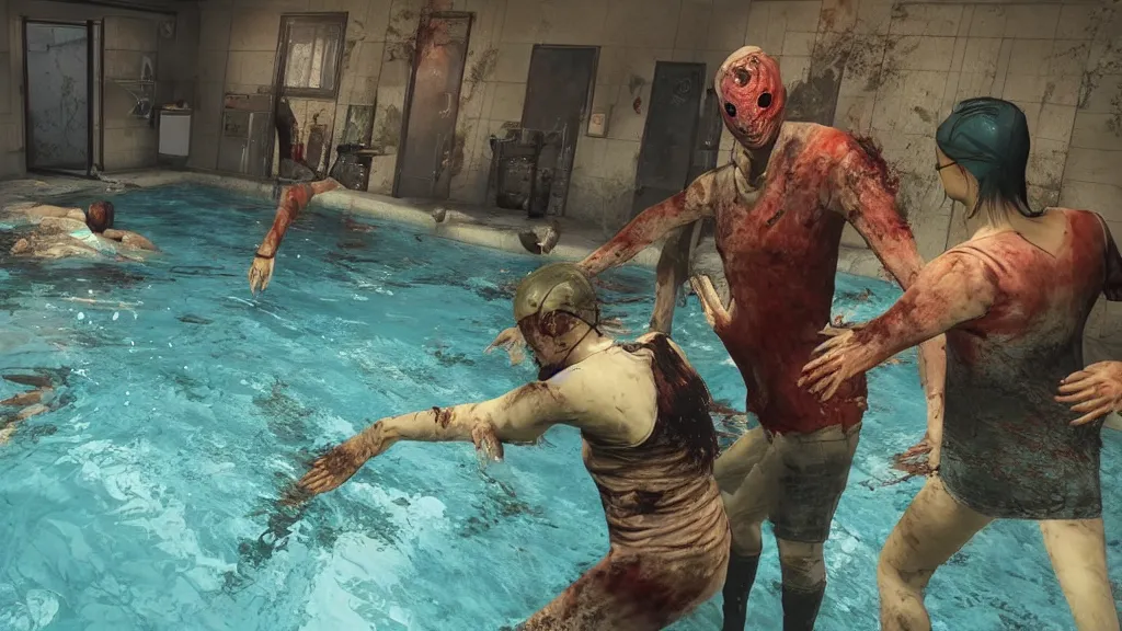 Image similar to Screenshot from Dead By Daylight at an indoor swimming pool