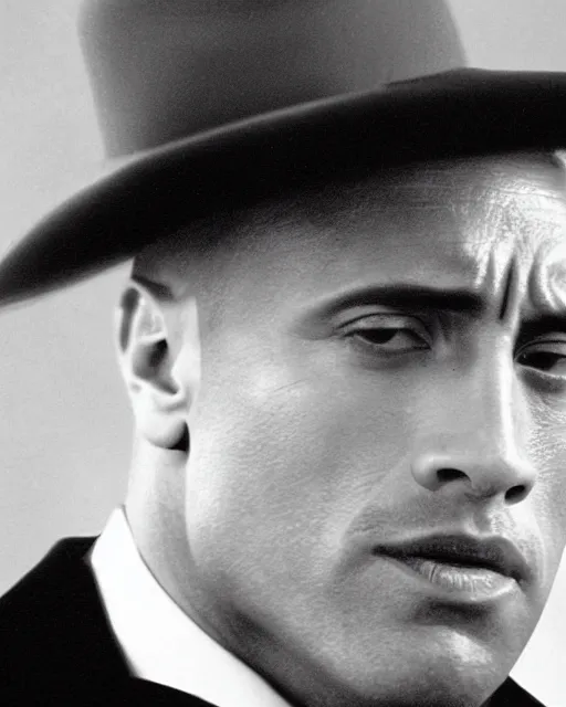 Image similar to film still close up shot of dwayne johnson as vito corleone from the movie the godfather. photographic, photography