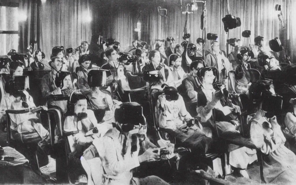 Image similar to 1 9 0 0 s photo of people using iphones ipods virtual reality headsets vr watching hd tv in a movie theater intravenous tube iv in their arms