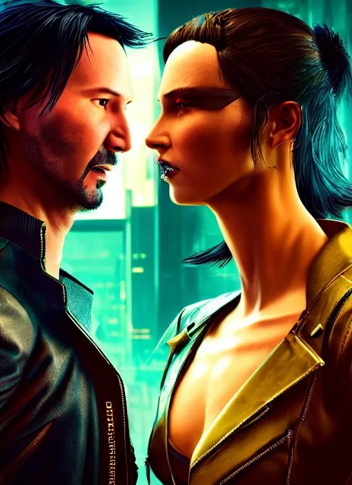 Image similar to a cyberpunk 2077 couple portrait of a Keanu Reeves as johnny silverhand and a female android in final kiss,love,fantasy, intricate, elegant,film lighting,artstation,deviantart,FAN ART,full of color,Digital painting,face enhance,highly detailed,8K,octane,golden ratio,cinematic lighting