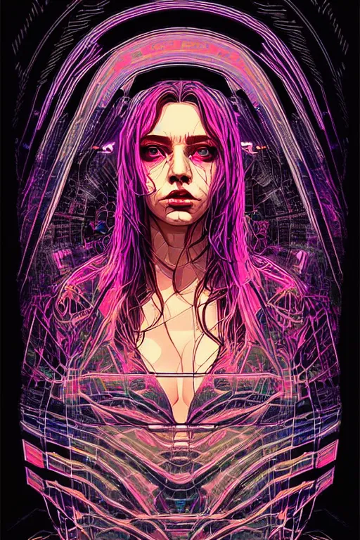 Image similar to dreamy cyberpunk girl, abstract mirrors, digital nodes, beautiful woman, detailed acrylic, grunge, intricate complexity, by dan mumford and by konstantinas ciurlionis